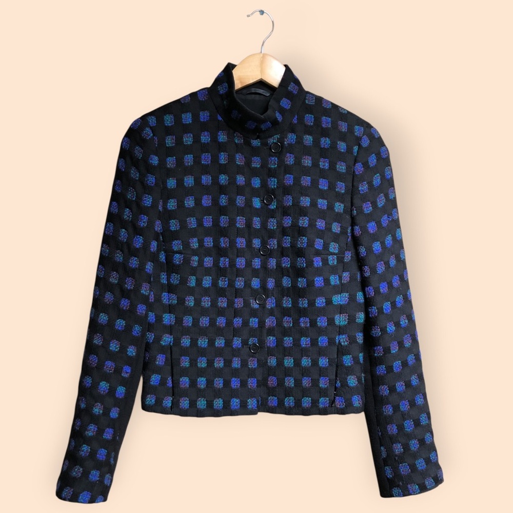 AKRIS Punto Wool Checkered Knit Evening Jacket Black Blue Swiss Designer Women 6